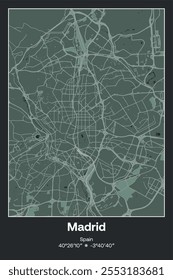 Editable vector poster map of Madrid, Spain, showcasing detailed street layouts, main roads, neighborhoods, and landmarks in Dark gray, Gray, Green, gray-green colors.