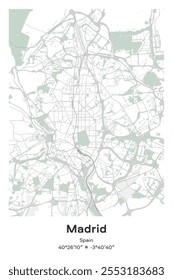 Mapa de pôster vetorial editável de Madrid, Espanha, mostrando detalhados layouts de rua, principais estradas, bairros, e marcos nas cores Pastel, Cinza, Branco, Verde.