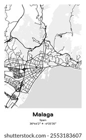 Editable vector poster map of Malaga, Spain, showcasing detailed street layouts, main roads, neighborhoods, and landmarks in Black, white, gray, BW colors.