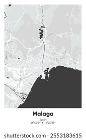 Editable vector poster map of Malaga, Spain, showcasing detailed street layouts, main roads, neighborhoods, and landmarks in Gray, Black, White, BW colors.