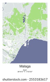 Editable vector poster map of Malaga, Spain, showcasing detailed street layouts, main roads, neighborhoods, and landmarks in Gray, Blue, Green, White colors.