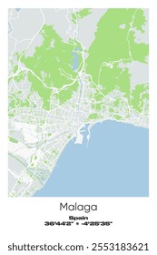 Editable vector poster map of Malaga, Spain, showcasing detailed street layouts, main roads, neighborhoods, and landmarks in Gray, white, green, blue colors.