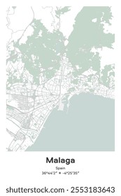 Editable vector poster map of Malaga, Spain, showcasing detailed street layouts, main roads, neighborhoods, and landmarks in Pastel, Gray, White, Green colors.