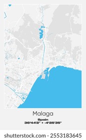 Mapa de pôster vetorial editável de Málaga, Espanha, mostrando detalhados layouts de rua, principais estradas, bairros e pontos de referência em cores cinzentas, brancas, azuis.