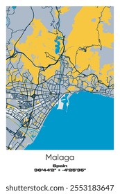 Editable vector poster map of Malaga, Spain, showcasing detailed street layouts, main roads, neighborhoods, and landmarks in Blue, Gray, Yellow, Olive colors.