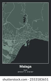 Editable vector poster map of Malaga, Spain, showcasing detailed street layouts, main roads, neighborhoods, and landmarks in Dark gray, Gray, Green, gray-green colors.