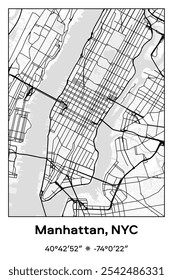 Editable vector poster map of Manhattan, New York City Center,New York, showcasing detailed street layouts, main roads, neighborhoods, and landmarks in Black, white, gray colors.
