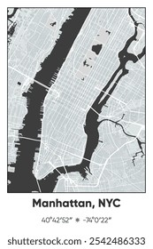 Editable vector poster map of Manhattan, New York City Center,New York, showcasing detailed street layouts, main roads, neighborhoods, and landmarks in Gray, Black, White colors.