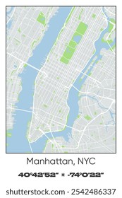 Mapa editável de pôster vetorial de Manhattan, New York City Center, Nova Iorque, mostrando detalhados layouts de rua, principais estradas, bairros e pontos de referência em cores cinzentas, brancas, verdes, azuis.