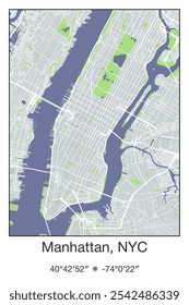 Editable vector poster map of Manhattan, New York City Center,New York, showcasing detailed street layouts, main roads, neighborhoods, and landmarks in Gray, Blue, Green, White colors.