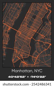 Editable vector poster map of Manhattan, New York City Center,New York, showcasing detailed street layouts, main roads, neighborhoods, and landmarks in Gray, Black, Orange colors.