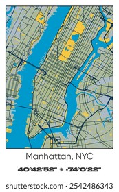 Editable vector poster map of Manhattan, New York City Center,New York, showcasing detailed street layouts, main roads, neighborhoods, and landmarks in Blue, Gray, Yellow, Olive colors.