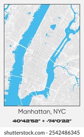 Editable vector poster map of Manhattan, New York City Center,New York, showcasing detailed street layouts, main roads, neighborhoods, and landmarks in Gray, white, blue colors.