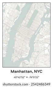 Editable vector poster map of Manhattan, New York City Center,New York, showcasing detailed street layouts, main roads, neighborhoods, and landmarks in Pastel, Gray, White, Green colors.