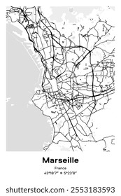 Editable vector poster map of Marseille, France, showcasing detailed street layouts, main roads, neighborhoods, and landmarks in Black, white, gray, BW colors.