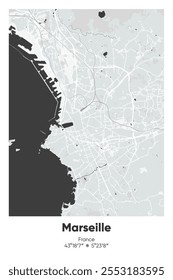 Mapa de pôster vetorial editável de Marselha, França, mostrando detalhados layouts de rua, estradas principais, bairros e pontos de referência em cores cinzentas, pretas, brancas, azuis.