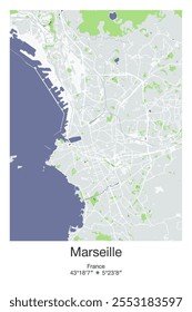 Mapa de pôster vetorial editável de Marselha, França, mostrando detalhados layouts de rua, estradas principais, bairros e pontos de referência em cores Cinza, Azul, Verde, Branco.