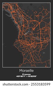 Editable vector poster map of Marseille, France, showcasing detailed street layouts, main roads, neighborhoods, and landmarks in Gray, Black, Orange colors.