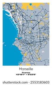 Editable vector poster map of Marseille, France, showcasing detailed street layouts, main roads, neighborhoods, and landmarks in Blue, Gray, Yellow, Olive colors.