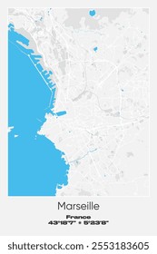 Mapa de pôster vetorial editável de Marselha, França, mostrando detalhados layouts de rua, estradas principais, bairros e pontos de referência em cores cinzentas, brancas e azuis.