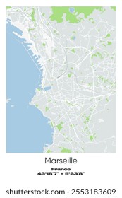 Mapa de pôster vetorial editável de Marselha, França, mostrando detalhados layouts de rua, estradas principais, bairros e pontos de referência em cores cinzentas, brancas, verdes, azuis.