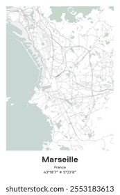 Editable vector poster map of Marseille, France, showcasing detailed street layouts, main roads, neighborhoods, and landmarks in Pastel, Gray, White, Green colors.