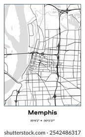 Editable vector poster map of Memphis,Tennessee, showcasing detailed street layouts, main roads, neighborhoods, and landmarks in Black, white, gray colors.