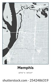 Editable vector poster map of Memphis,Tennessee, showcasing detailed street layouts, main roads, neighborhoods, and landmarks in Gray, Black, White colors.