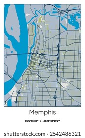 Editable vector poster map of Memphis,Tennessee, showcasing detailed street layouts, main roads, neighborhoods, and landmarks in Blue, Gray, Yellow, Olive colors.