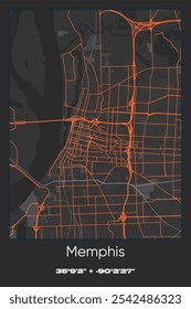 Editable vector poster map of Memphis,Tennessee, showcasing detailed street layouts, main roads, neighborhoods, and landmarks in Gray, Black, Orange colors.