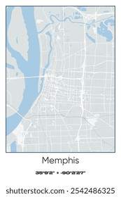 Editable vector poster map of Memphis,Tennessee, showcasing detailed street layouts, main roads, neighborhoods, and landmarks in Gray, white, green, blue colors.