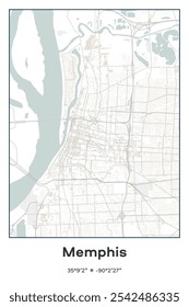 Editable vector poster map of Memphis,Tennessee, showcasing detailed street layouts, main roads, neighborhoods, and landmarks in Pastel, Gray, White, Green colors.