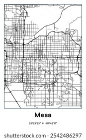 Editable vector poster map of Mesa,Arizona, showcasing detailed street layouts, main roads, neighborhoods, and landmarks in Black, white, gray colors.