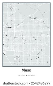 Editable vector poster map of Mesa,Arizona, showcasing detailed street layouts, main roads, neighborhoods, and landmarks in Gray, Black, White colors.