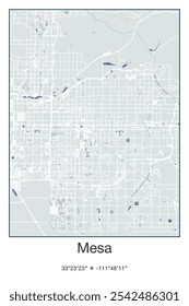 Editable vector poster map of Mesa,Arizona, showcasing detailed street layouts, main roads, neighborhoods, and landmarks in Gray, Blue, Green, White colors.