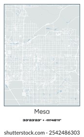 Editable vector poster map of Mesa,Arizona, showcasing detailed street layouts, main roads, neighborhoods, and landmarks in Gray, white, green, blue colors.