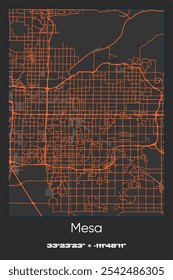 Mapa de póster de Vector editable de Mesa, Arizona, que muestra diseños detallados de calles, carreteras principales, vecindarios y Lugares famosos en colores gris, negro y naranja.