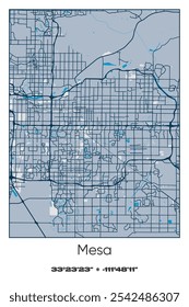 Editable vector poster map of Mesa,Arizona, showcasing detailed street layouts, main roads, neighborhoods, and landmarks in Blue, Gray, Yellow, Olive colors.