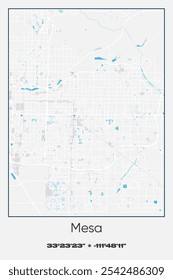 Editable vector poster map of Mesa,Arizona, showcasing detailed street layouts, main roads, neighborhoods, and landmarks in Gray, white, blue colors.