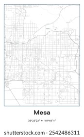 Editable vector poster map of Mesa,Arizona, showcasing detailed street layouts, main roads, neighborhoods, and landmarks in Pastel, Gray, White, Green colors.