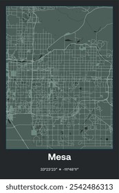 Editable vector poster map of Mesa,Arizona, showcasing detailed street layouts, main roads, neighborhoods, and landmarks in Dark gray, Gray, Green, gray-green colors.