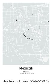 Editable vector poster map of Mexicali, Mexico, showcasing detailed street layouts, main roads, neighborhoods, and landmarks in Gray, Black, White, BW colors.