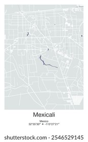 Editable vector poster map of Mexicali, Mexico, showcasing detailed street layouts, main roads, neighborhoods, and landmarks in Gray, Blue, Green, White colors.