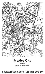 Editable vector poster map of Mexico City, Mexico, showcasing detailed street layouts, main roads, neighborhoods, and landmarks in Black, white, gray, BW colors.