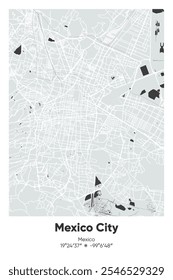 Editable vector poster map of Mexico City, Mexico, showcasing detailed street layouts, main roads, neighborhoods, and landmarks in Gray, Black, White, BW colors.