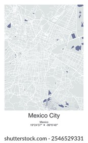 Editable vector poster map of Mexico City, Mexico, showcasing detailed street layouts, main roads, neighborhoods, and landmarks in Gray, Blue, Green, White colors.