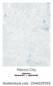 Editable vector poster map of Mexico City, Mexico, showcasing detailed street layouts, main roads, neighborhoods, and landmarks in Gray, white, green, blue colors.
