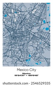 Editable vector poster map of Mexico City, Mexico, showcasing detailed street layouts, main roads, neighborhoods, and landmarks in Blue, Gray, Yellow, Olive colors.
