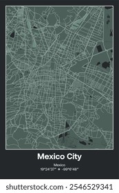 Editable vector poster map of Mexico City, Mexico, showcasing detailed street layouts, main roads, neighborhoods, and landmarks in Dark gray, Gray, Green, gray-green colors.
