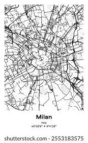 Mapa de pôster vetorial editável de Milão, Itália, mostrando detalhados layouts de rua, principais estradas, bairros e pontos de referência em preto, branco, cinza, BW cores.